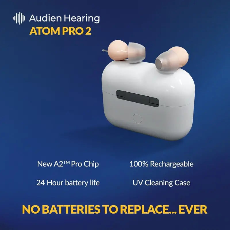 Audien ATOM PRO 2 Wireless Rechargeable Hearing Aid  Nearly Invisible, All-Day Comfort Fit
