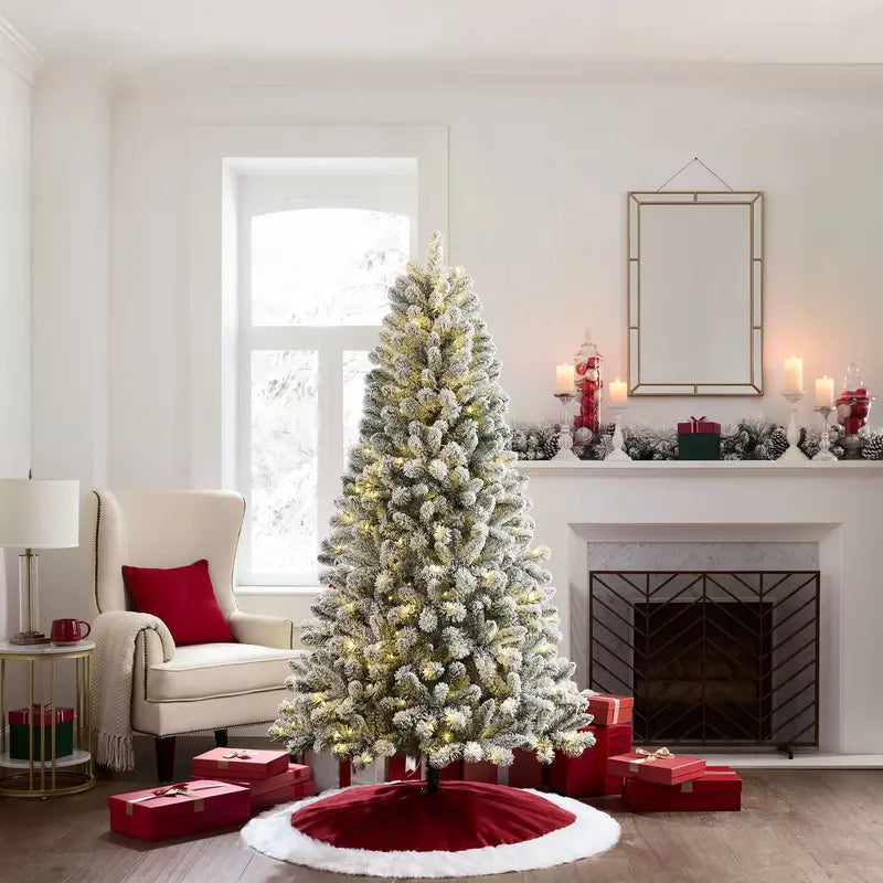 6.5 ft Pre-Lit Flocked Frisco Pine Christmas Tree with 250 LED Lights & Stand  Green/White