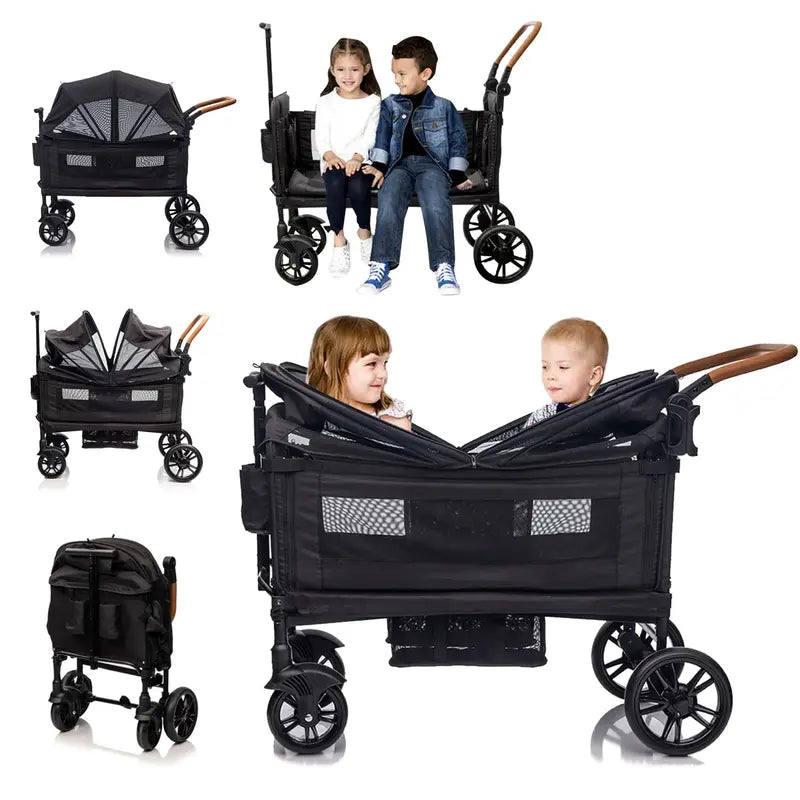 Lightweight Foldable Double Wagon Stroller  Push-Pull Travel Stroller for Newborns & Toddlers, 5-Point Safety Harness, Canopy, Tray Table & Cup Holder