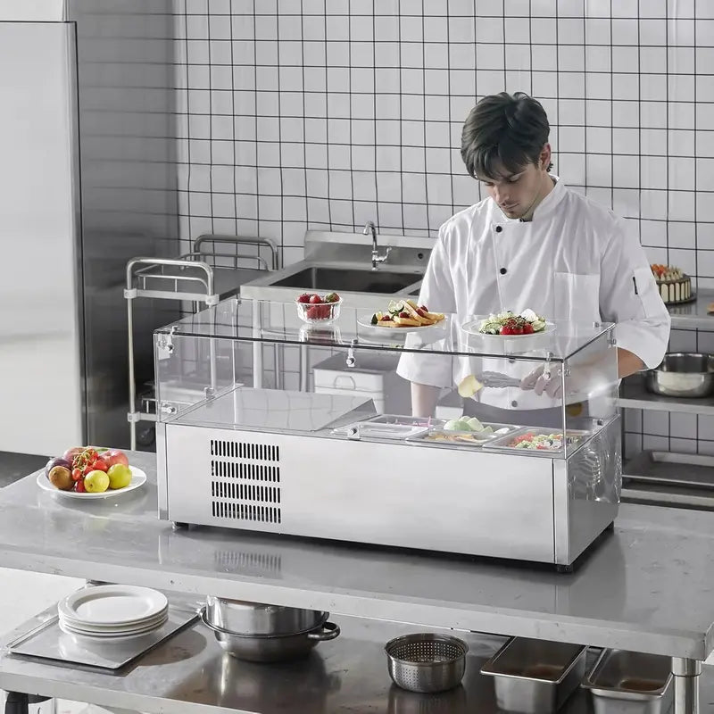 Countertop Refrigerated Condiment Prep Station  135W Sandwich Bar with Stainless Steel Body, Polycarbonate Lid, and 6 Pan Compartments