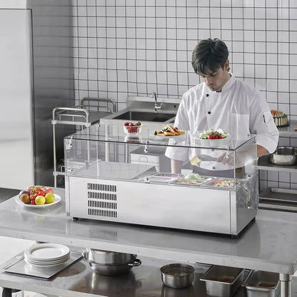 Countertop Refrigerated Condiment Prep Station  135W Sandwich Bar with Stainless Steel Body, Polycarbonate Lid, and 6 Pan Compartments