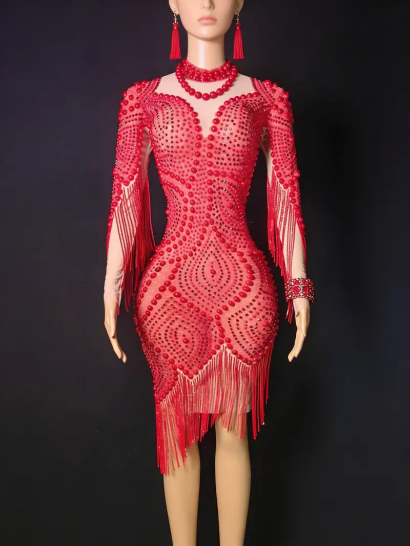 Red Beaded Mesh Bodycon Mini Dress with Long Sleeves and Fringed Accents