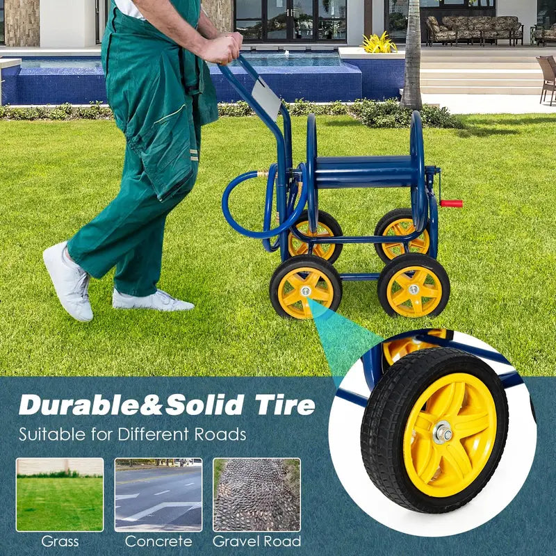 Heavy-Duty Garden Hose Reel Cart with Non-Slip Crank & 4 Solid Wheels