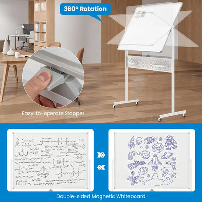 Height-Adjustable Rolling Dry Erase Board  48″ x 36″ Whiteboard with Pegboard, Storage Hooks, Trays & Magnets
