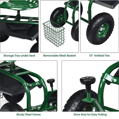 Compact Gardening Scooter Wagon with Wheels for Lawn and Patio Tasks