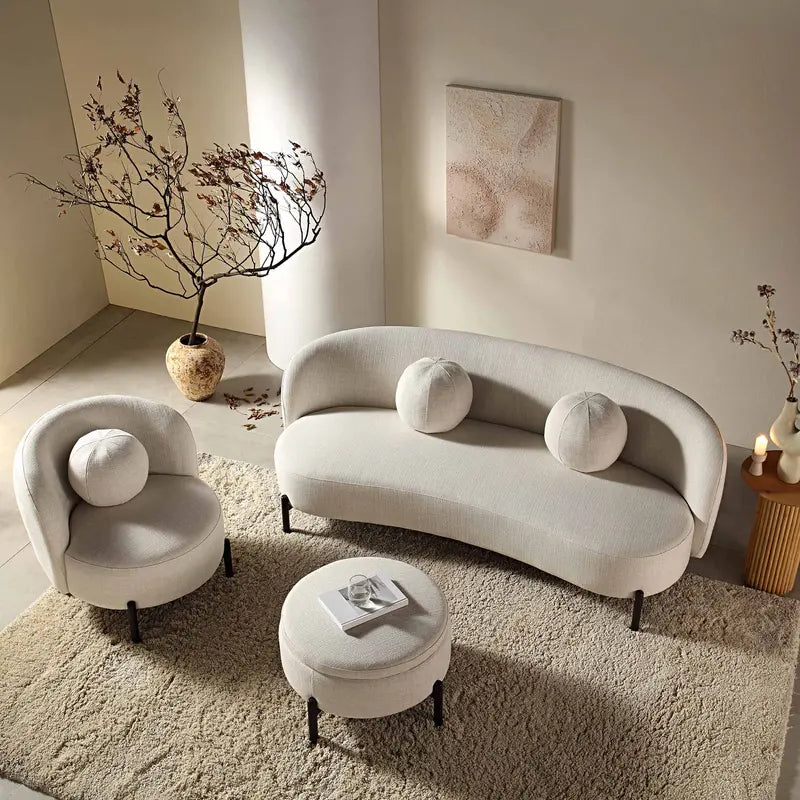 Curved 3-Seater Sofa with Ball-Shape Cushions  Beige Linen-Blend Lounge Sofa