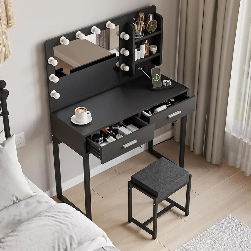 White LED Vanity Desk  39.4-Inch Makeup Table with Mirror, 10 Lights, Power Strip & Stool Included