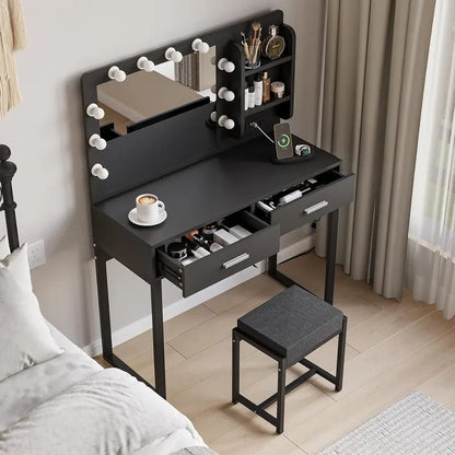 White LED Vanity Desk  39.4-Inch Makeup Table with Mirror, 10 Lights, Power Strip & Stool Included