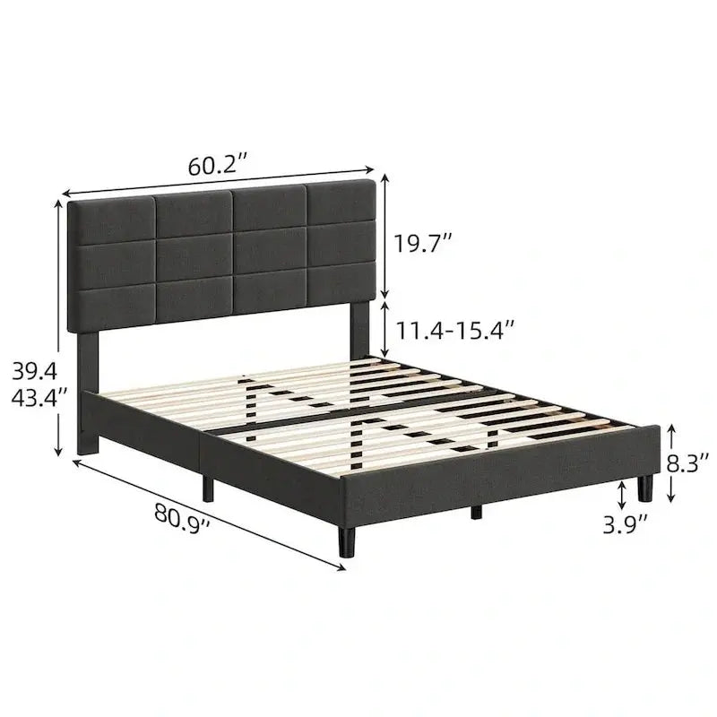 Linen-Finished Platform Bed Frame with Solid Wood Slats and Supportive Base