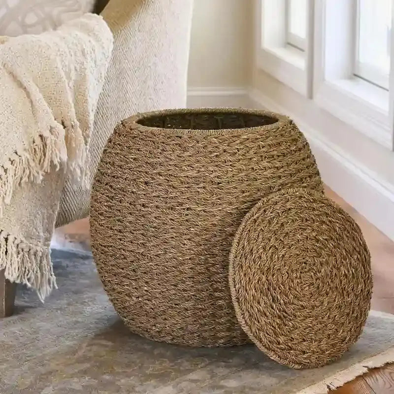 Household Essentials Handwoven Wicker Storage Basket  Barrel-Style Side Table (17″L x 17″W x 19″H)