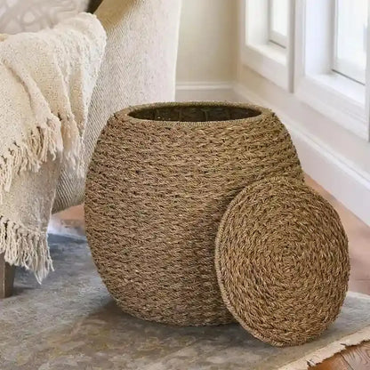 Household Essentials Handwoven Wicker Storage Basket  Barrel-Style Side Table (17″L x 17″W x 19″H)