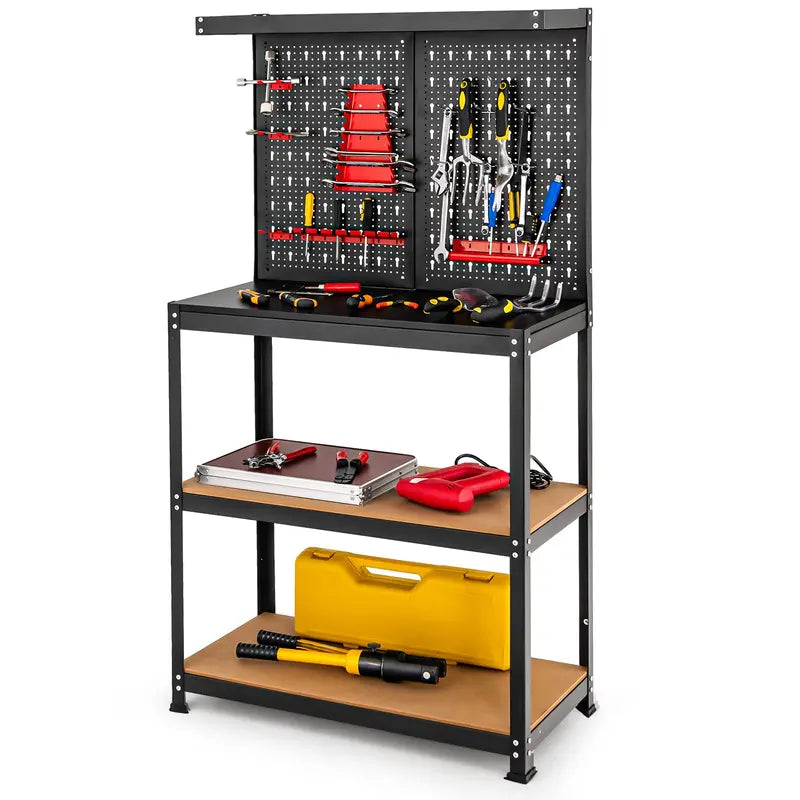 Heavy-Duty Steel Workbench with Pegboard  Tool Table Featuring 2 Open Shelves & 13 Accessories