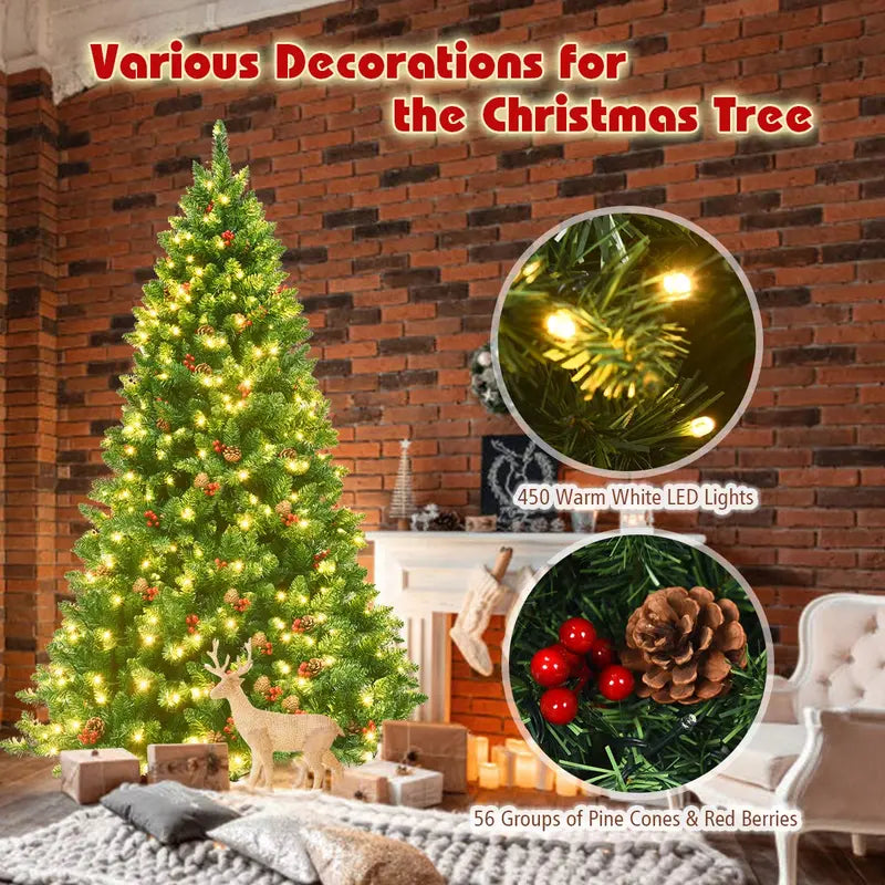 6.5-Foot Pre-Lit Christmas Tree with 1100 Branch Tips, Pine Cones & Red Berries