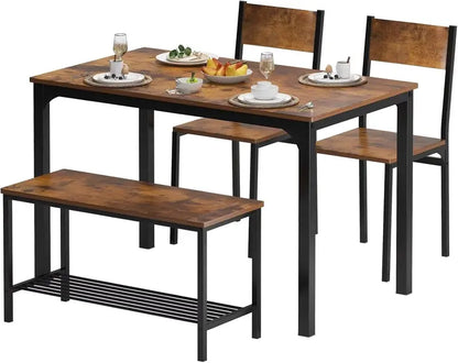 Rustic Brown Space-Saving Dining Set: Wooden Table with Metal Legs, Two Chairs, and One Bench—Designed for Kitchens, Living Rooms, and Compact Dining Areas