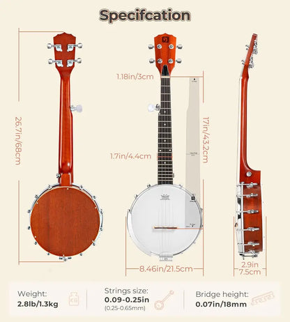 26-Inch Mini Travel Banjo for Beginners  Open-Back or Solid Closed-Back with Remo Head & Starter Kit Including Carry Bag