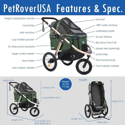 All-Terrain Pet Jogging Stroller  Aluminum Frame, Zipper-Free Entry, One-Hand Fold, Rubber Wheels (Green Camo)