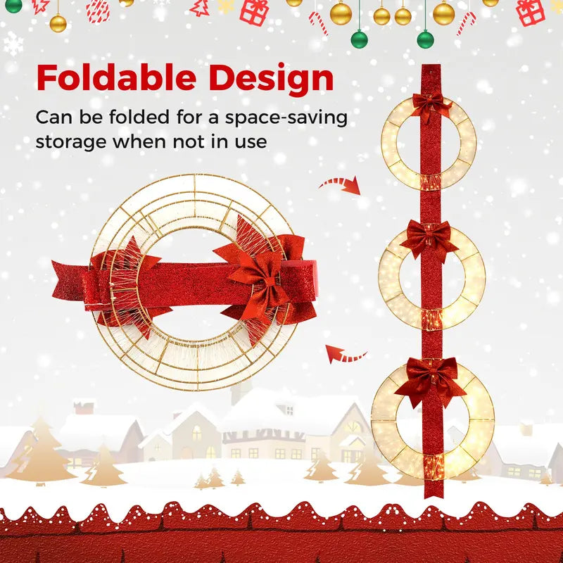 Set of Three 5.8-Foot Lighted Holiday Wreaths with 450 LEDs and Elegant Red Ribbon Accents