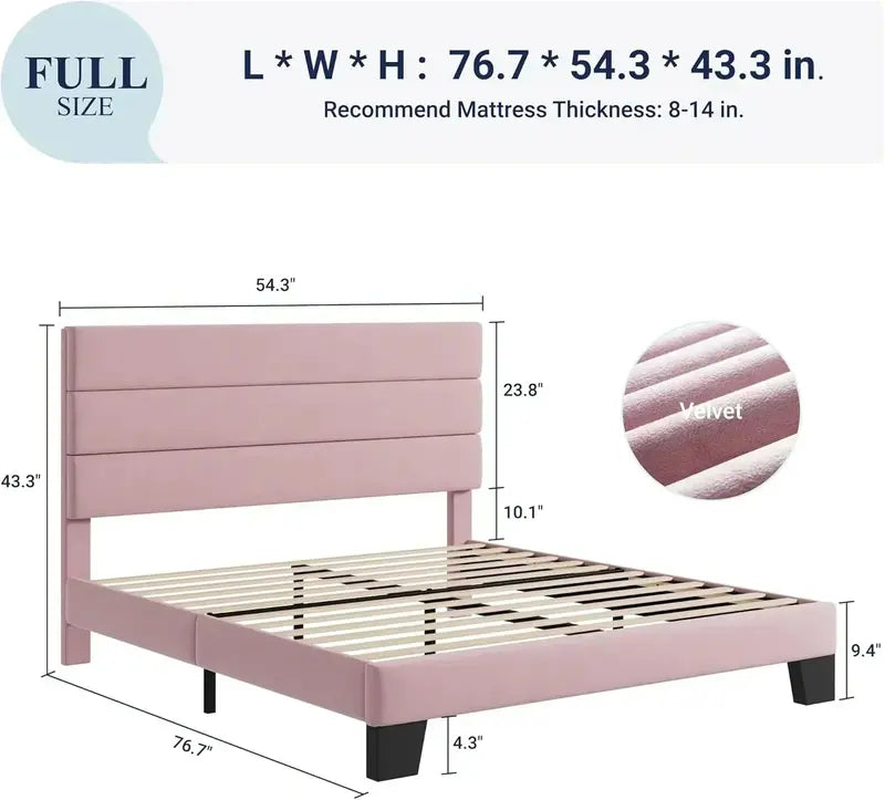 Allewie King Platform Bed Frame  Velvet-Upholstered Headboard with Solid Wood Slats