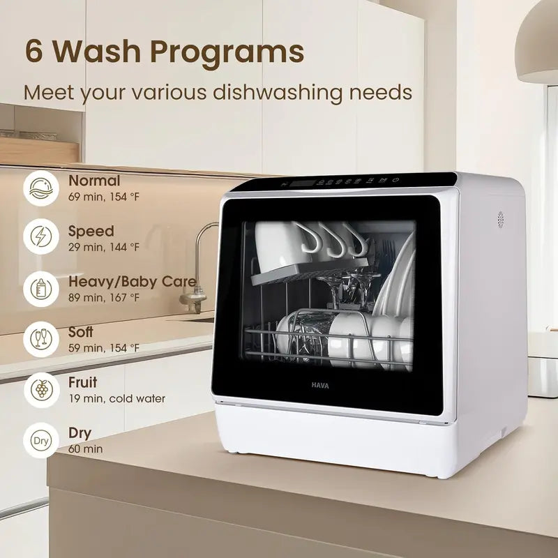HAVA Compact Countertop Dishwasher  6-Program, 5L Integrated Water System for Small Kitchens