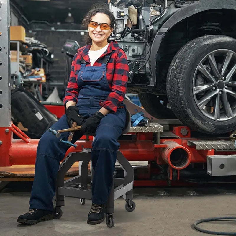 Adjustable Swivel Mechanic Stool with Casters and Built-in Tool Tray