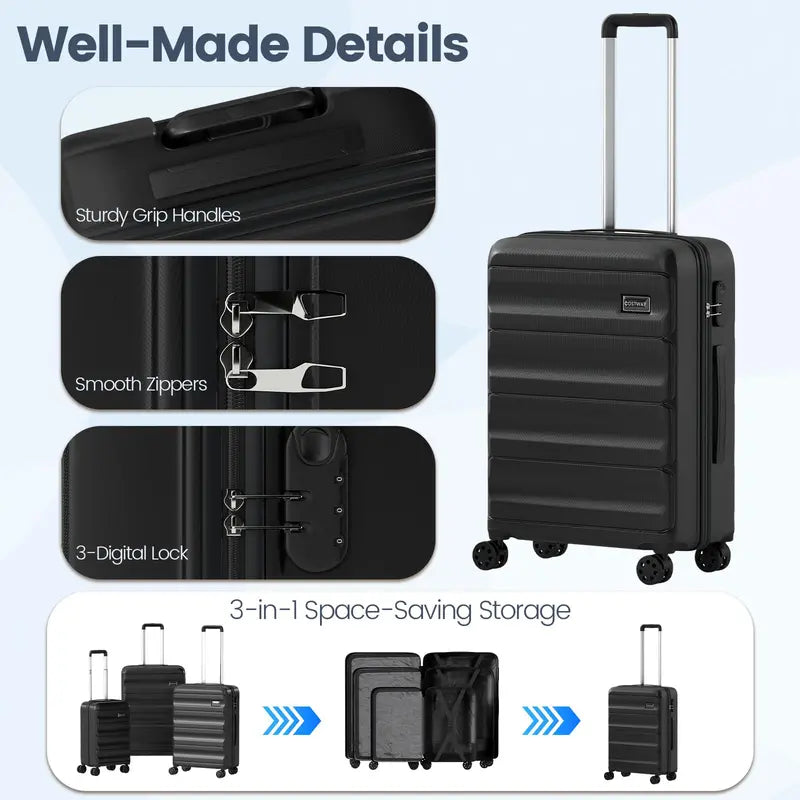 Lightweight 3-Piece Hardshell Spinner Luggage Set — 20/24/28 Inch (Wide Cross Stripe Design)