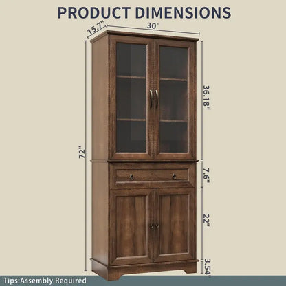 71″ Tall Kitchen Hutch Cabinet  Glass-Front Pantry Storage Unit with Open Shelving & Display Space