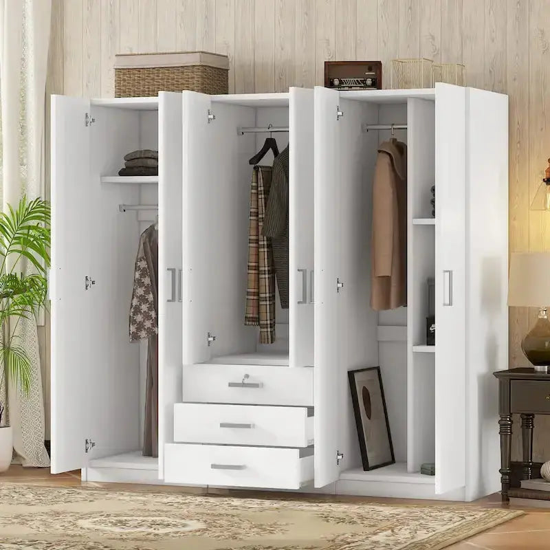 6-Door Wooden Bedroom Wardrobe  Spacious Storage Unit with 3 Large Bottom Drawers