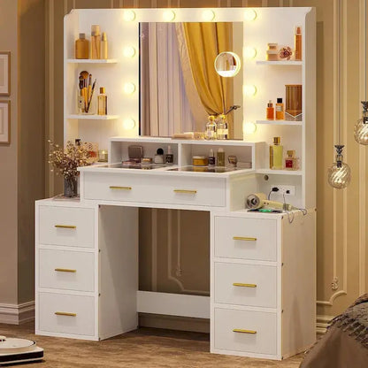 Lighted Makeup Vanity Desk with 10x Magnifying Mirror and Tempered Glass Top