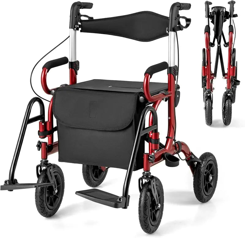 Convertible Rollator Walker and Transport Wheelchair  Foldable Dual-Function Mobility Aid with Locking Brakes
