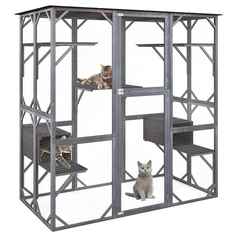 71-Inch Outdoor Catio for Cats  Walk-In Wooden Kitty Enclosure with 7 Tiered Platforms and Playpen Design