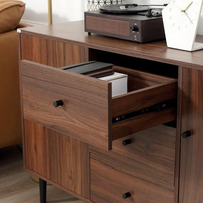 Rustic Brown Vintage Sideboard — Coffee Bar Cabinet with 2 Cupboards, 3 Drawers, Wood Legs & Adjustable Shelves