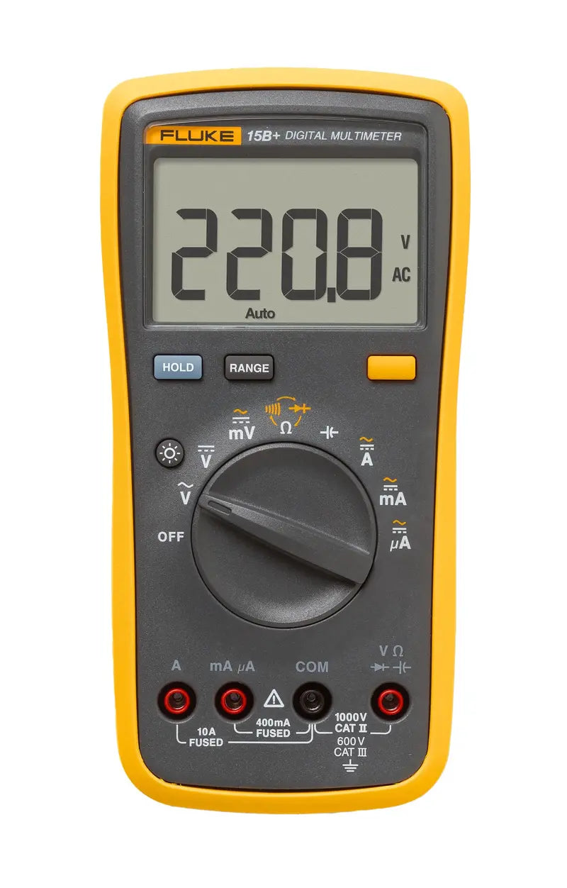 Fluke 15B+ Digital Multimeter, CAT III 600V, 1000V AC/DC, 10A Current, Voltage/Resistance/Continuity/Capacitance Tester
