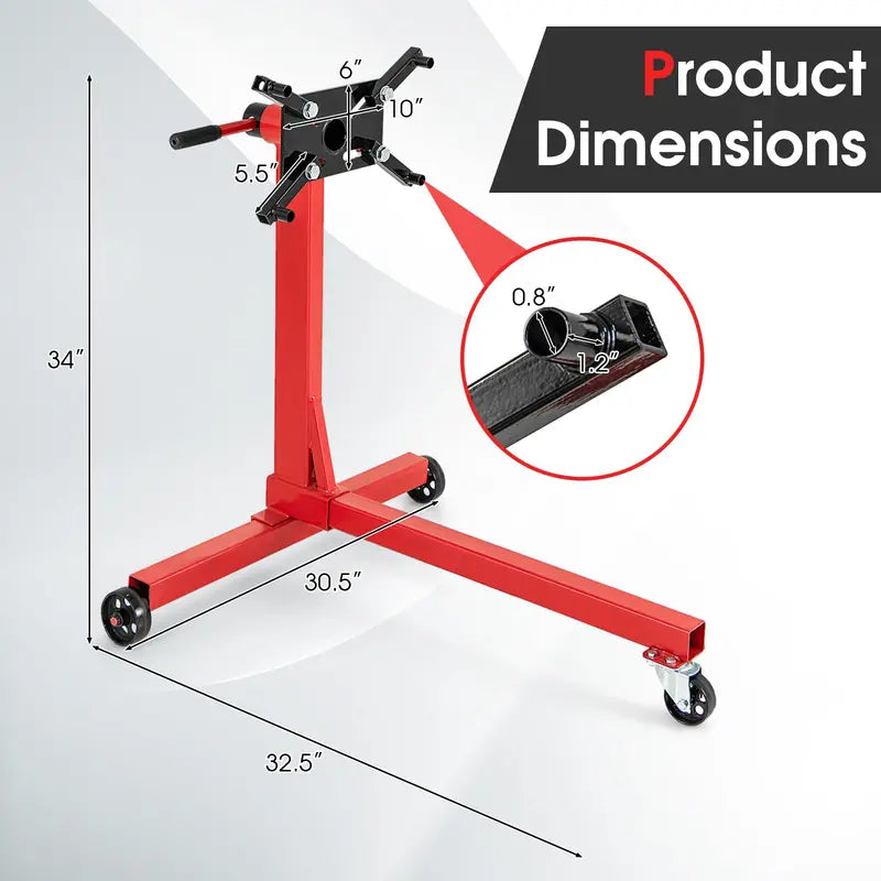 Precision Engine Stand  750 lb Motor Lift with 360° Rotation, Adjustable Arms & Mobility Wheels