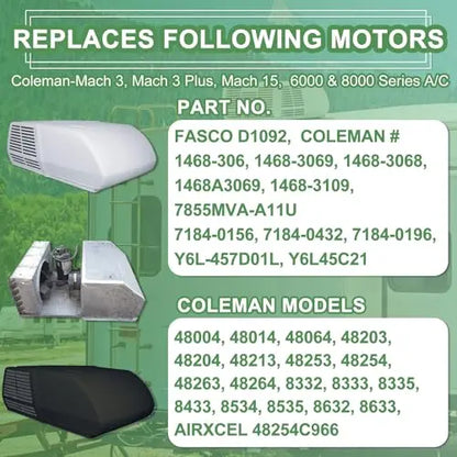 1/3 HP RV Air Conditioner Motor & Capacitor  Direct Replacement for Coleman Mach, Fasco D1092  5-Year Warranty