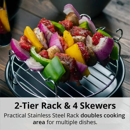 ARIA 5Qt Teflon-Free Premium Ceramic Air Fryer with 2-Tier Stainless Steel Rack Baking Pan Skewers and Extended Recipe Book CFA-897