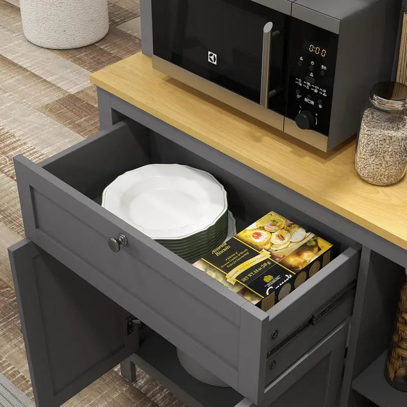 71-Inch Grey Freestanding Pantry Cabinet — Wide Buffet with Countertop, 5 Doors, Drawer, Glass Panel & Cable Management