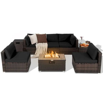 8-Piece All-Weather Rattan Patio Set  Fire Pit Table, Tank Holder, Cover, and Deck Accessories
