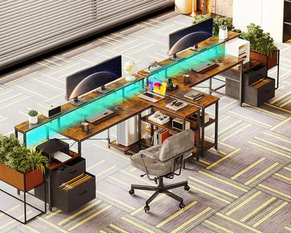 75-Inch Reversible L-Shaped Office Desk  Grey Oak Computer Desk with File Drawer, LED Strip & Monitor Shelf