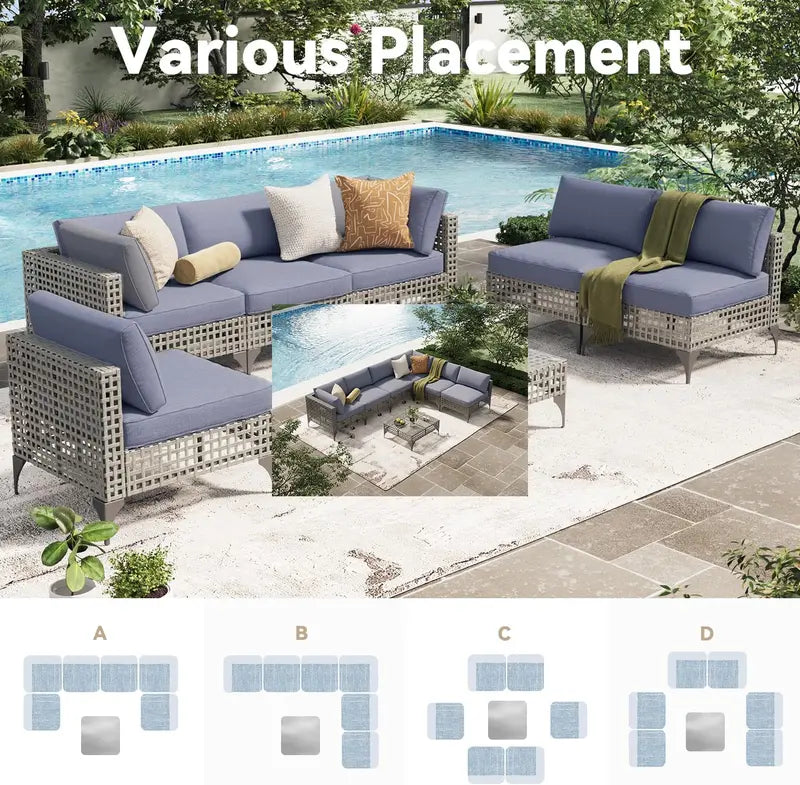 7-Piece PE Rattan Patio Furniture Set  Navy Cushioned Sectional Sofa, Tea Table & Black Wicker Frame for Backyard Use
