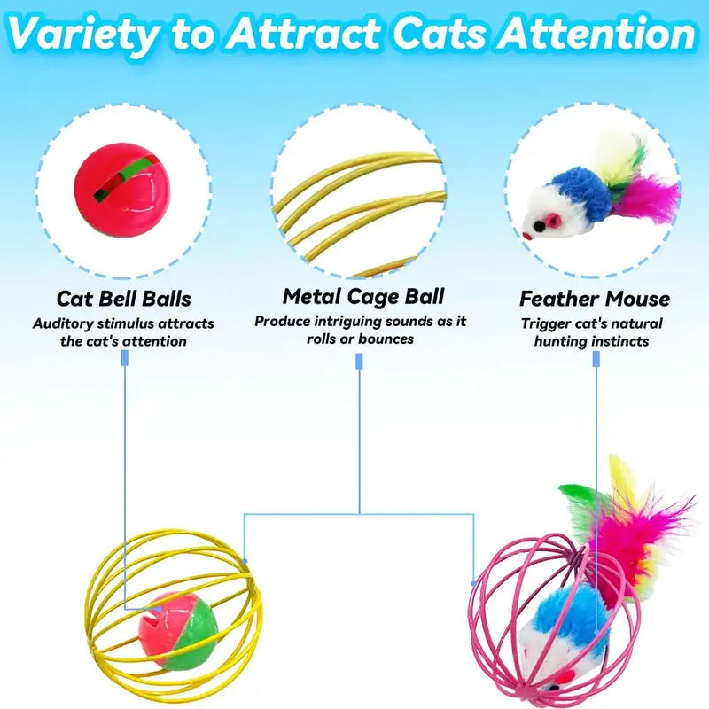 CatPlay Interactive Indoor Cat Toy Set with Feathers & Bells  6 Durable Metal Balls for Engaging Play