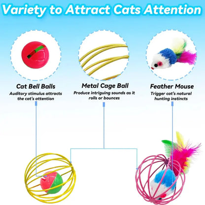 CatPlay Interactive Indoor Cat Toy Set with Feathers & Bells  6 Durable Metal Balls for Engaging Play