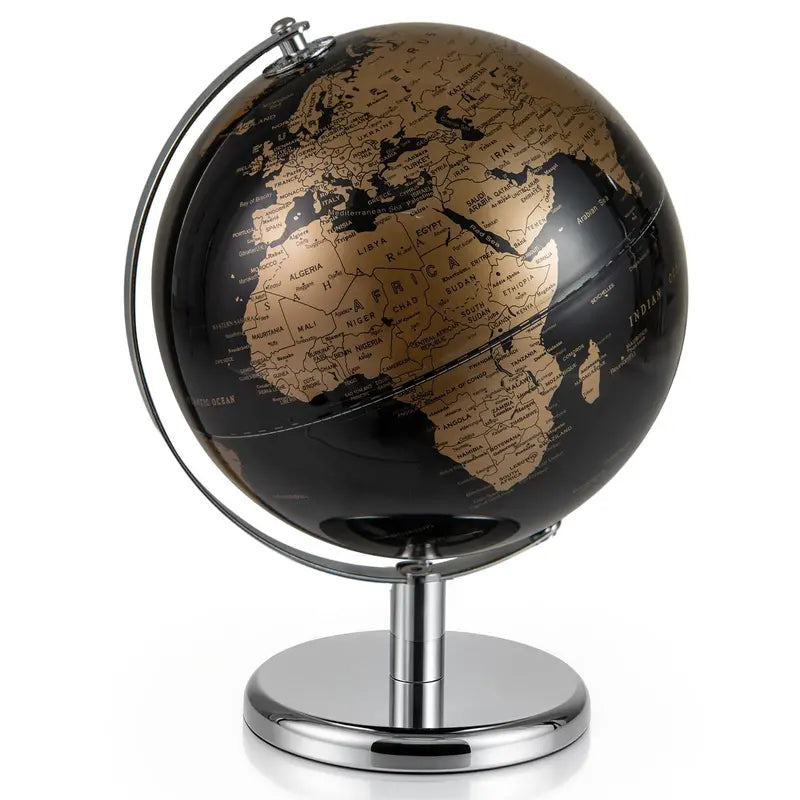 8-Inch Black Metallic World Globe  Interactive Learning Tool for Students