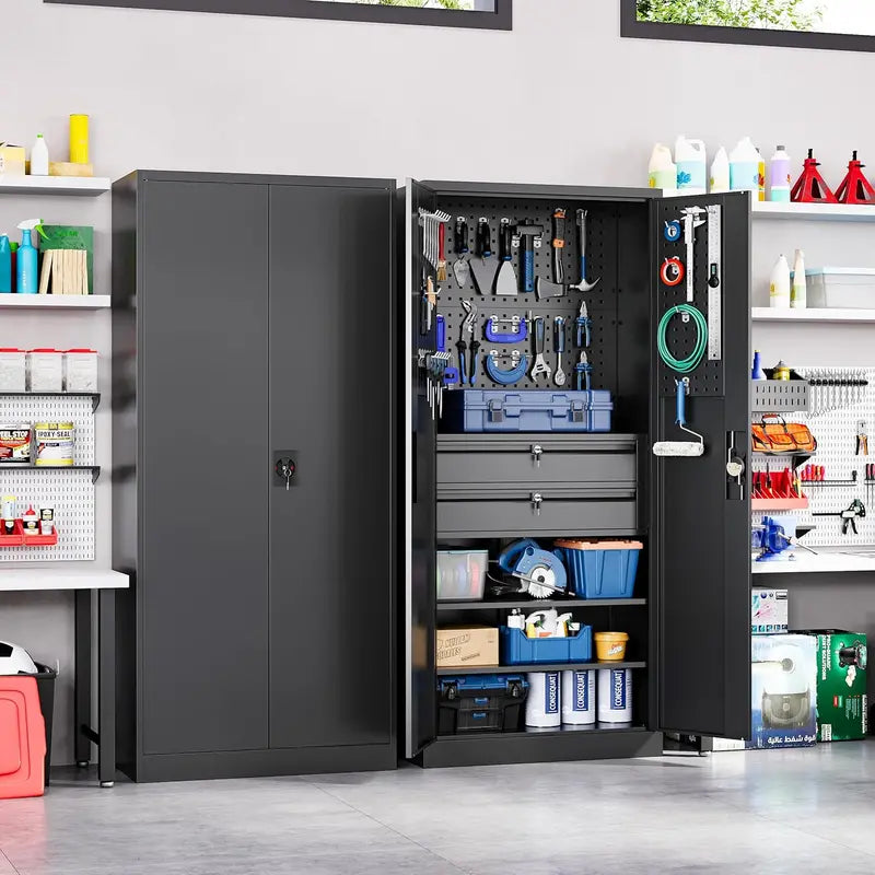 Yizosh Heavy-Gauge Locking Garage Cabinet  71-Inch Steel Tool Storage with Pegboard, Two Drawers, and Reinforced Doors