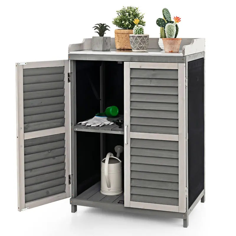 Garden Potting Bench with Metal Work Surface and Built-in Storage Cabinet