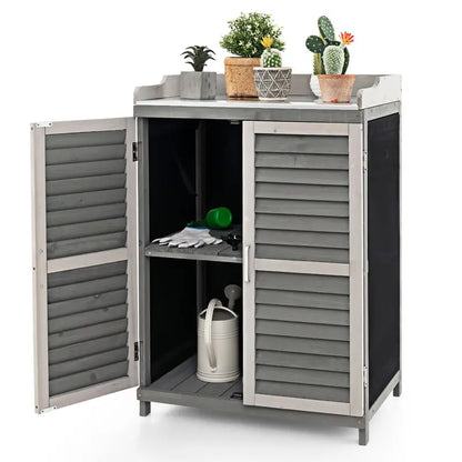 Garden Potting Bench with Metal Work Surface and Built-in Storage Cabinet