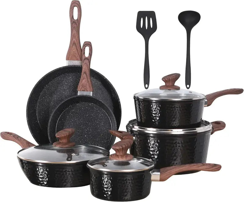 12-Piece Granite Nonstick Cookware Set  Induction-Compatible Black Pots and Pans Bundle Including Fry Pans, Saucepans, and Stockpot