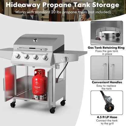 Heavy-Duty Propane BBQ Grill  50,000 BTU, 4 Main Burners + Side Burner, Stainless Steel Construction, Rolling Cart Design