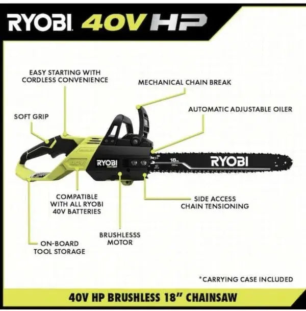 RYOBI 40V 18-Inch Cordless Chainsaw Kit — Includes Battery & Charger, Green