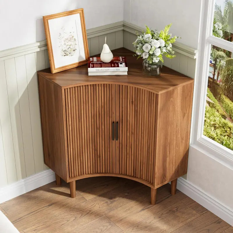Compact Fluted Wooden Corner Base Cabinet — Minimalist Storage Solution