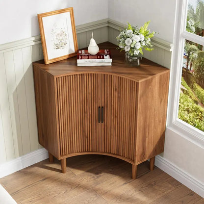 Compact Fluted Wooden Corner Base Cabinet — Minimalist Storage Solution